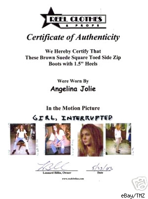 Certificate of Authenticity for Angelina's boots