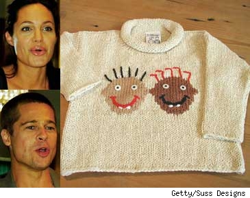 Composite of Shiloh's new sweater with Brad and Angelina