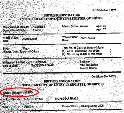 Dannielynn Hope Marshall Stern's birth certificate