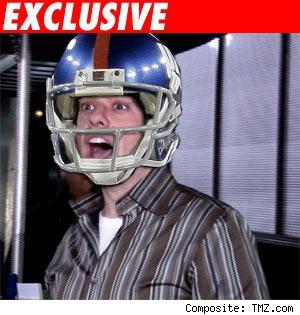 John Cryer with a Giant's helmet