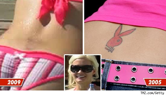  and the same pink bunny tattoo back in '05 (right).