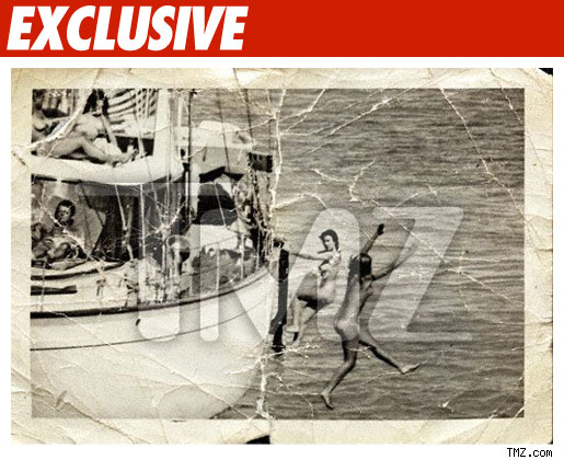 It shows two naked women jumping off the boat and two more naked women 