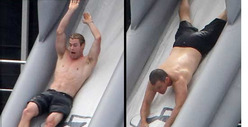 Chris Hemsworth & Matt Damon -- The Shirtless Water Slide