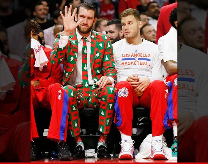 Clippers Spencer Hawes -- Rocks Amazing Hideous Xmas Suit ... Tribute to Craig Sager