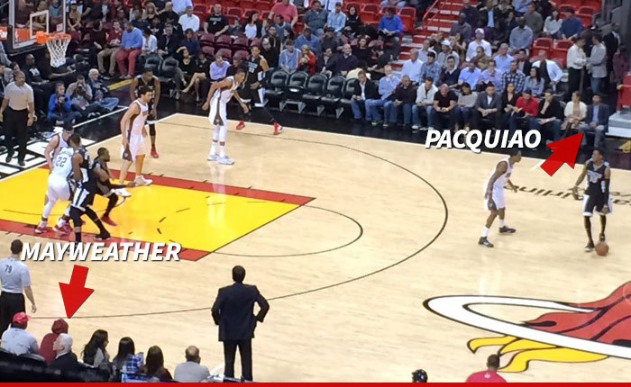 Mayweather & Pacquiao -- COURTSIDE STAREDOWN ... At Miami Heat Game