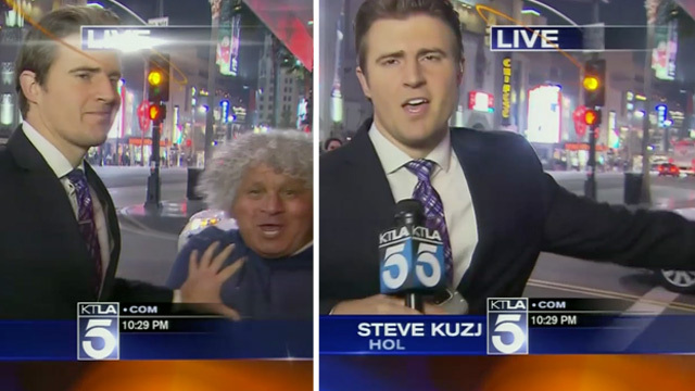 L.A. News Reporter -- Shoves Guy Hard During Live Shot, But ...