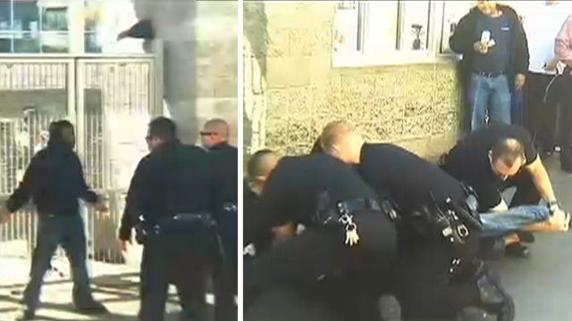 Skid Row Attack -- 4 Cops Take Down Homeless Man ... For Destroying TV Camera
