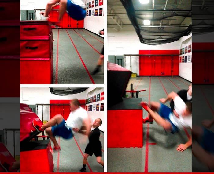 JJ Watt -- Slips On Box Jump ... Takes Out Spotter