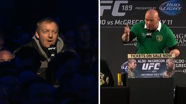 UFC 189 Presser -- Drunk Irish Guy Takes Mic ... Trash Talks Jose Aldo