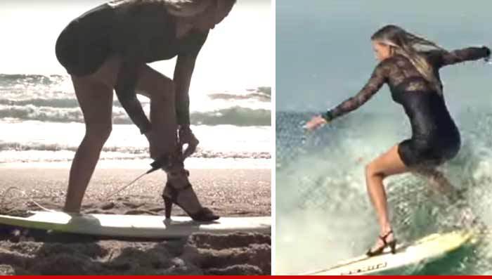 French Surfer Chick -- Slays The Waves In High Heels (VIDEO)