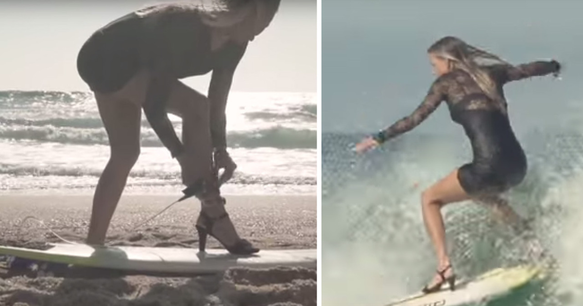 French Surfer Chick -- Slays The Waves In High Heels