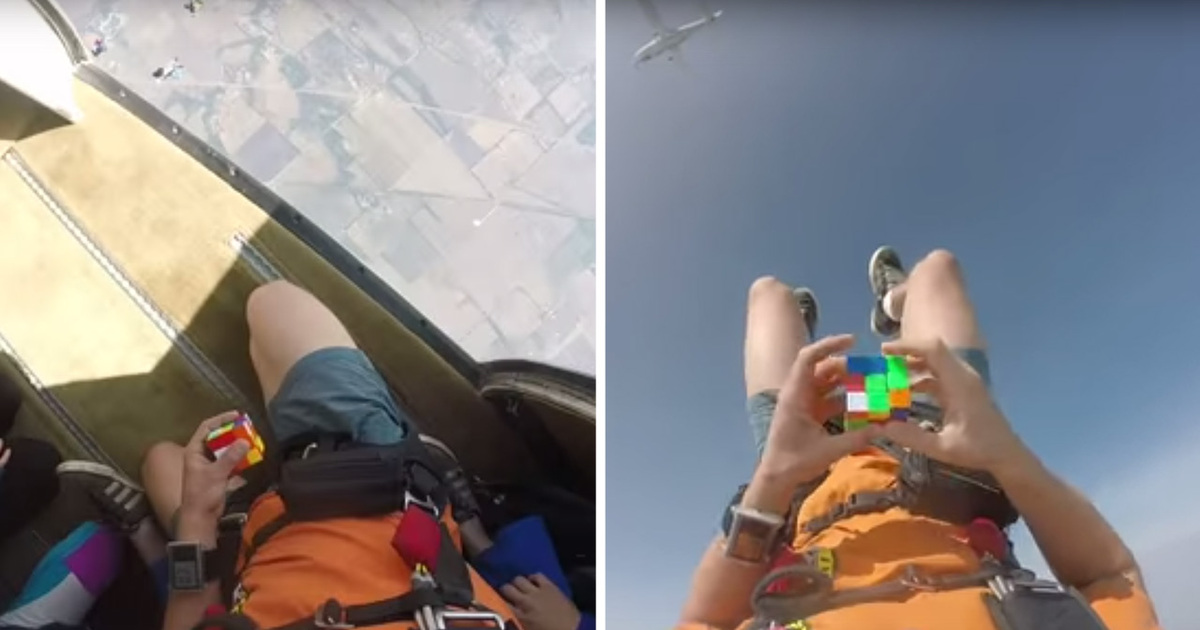 Extreme Puzzle -- Solves Rubik's Cube After Jumping Out Of A Plane !!! (VIDEO)